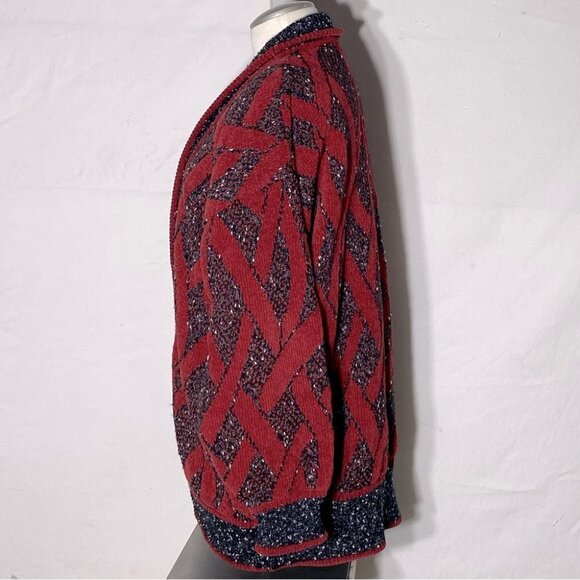 Vintage 90s Gil Aimbez Red & Dark Grey Oversized Cardigan L - Picture 3 of 16